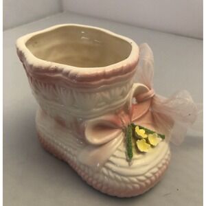 Vintage Japan Ceramic Baby Girl Bootie Shoe Planter Vase Trinket Catchall *crack